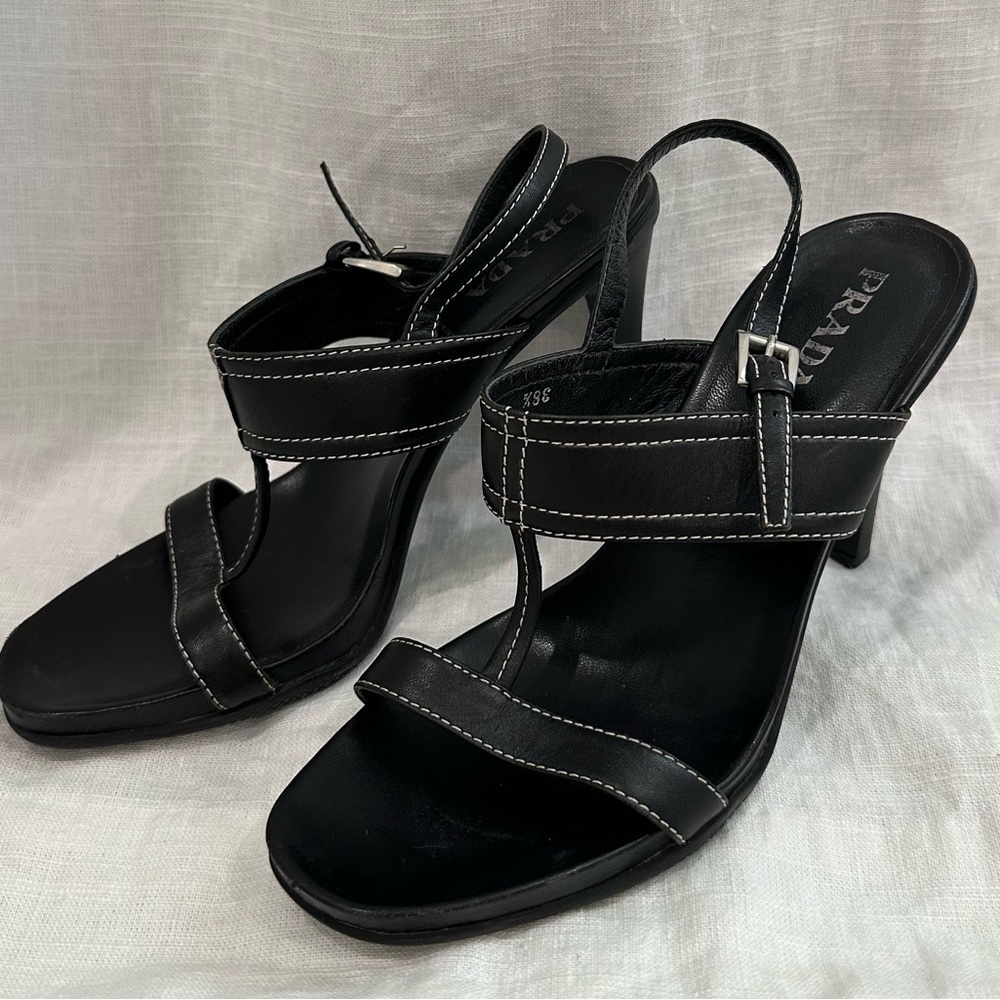 Prada black leather sling back high heels sandals